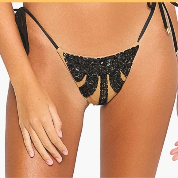 NWT BEACH BUNNY JOLIE TIE SIDE EMBELLISHED MESH BLACK AND TAN BIKINI BOTTOMS - Picture 1 of 8